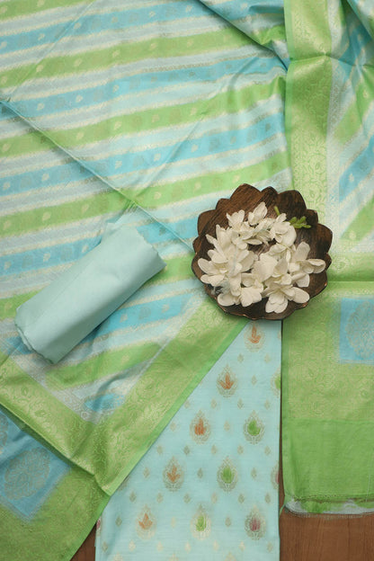 Chic Blue & Green Banarasi Chanderi Silk Brush Dye Three Piece Unstitched Suit Set - Luxurion World
