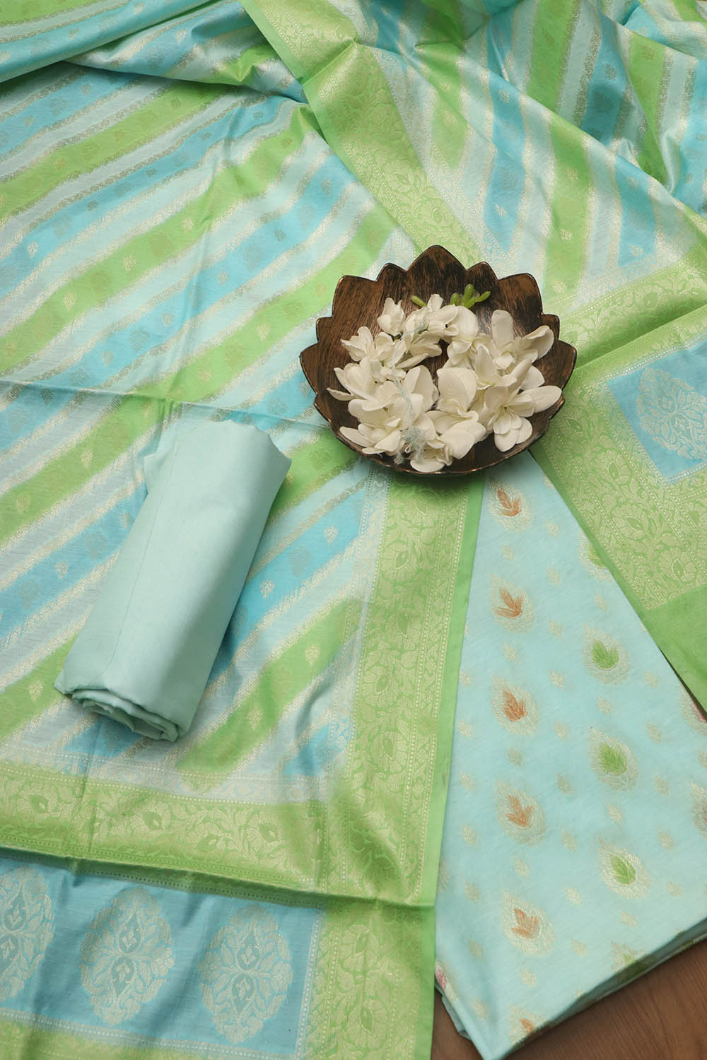 Chic Blue & Green Banarasi Chanderi Silk Brush Dye Three Piece Unstitched Suit Set - Luxurion World