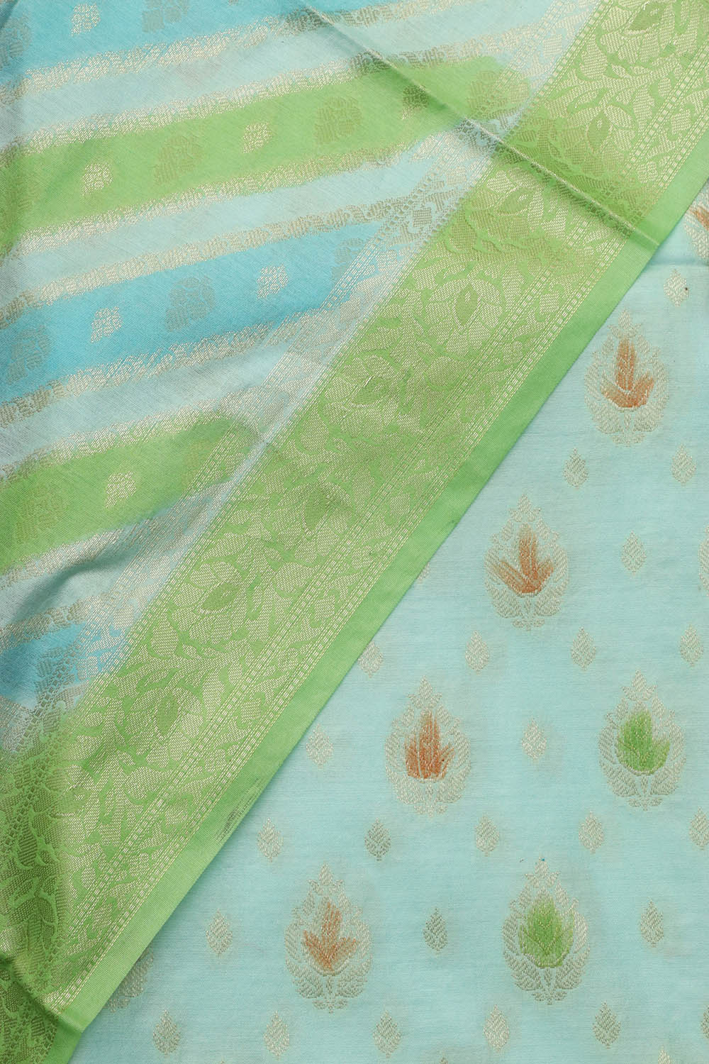Chic Blue & Green Banarasi Chanderi Silk Brush Dye Three Piece Unstitched Suit Set - Luxurion World