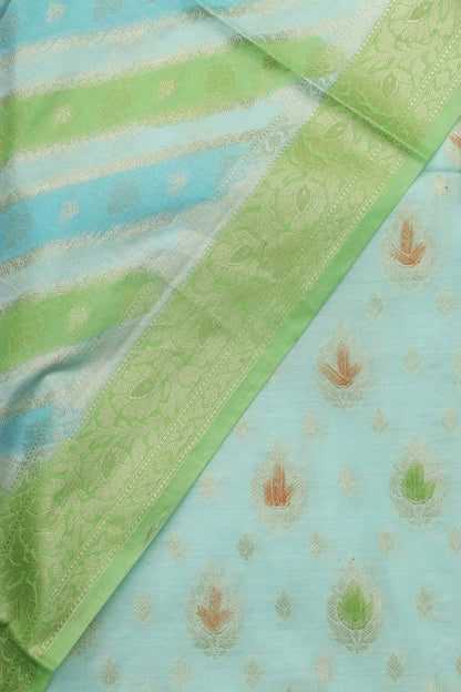 Chic Blue & Green Banarasi Chanderi Silk Brush Dye Three Piece Unstitched Suit Set - Luxurion World