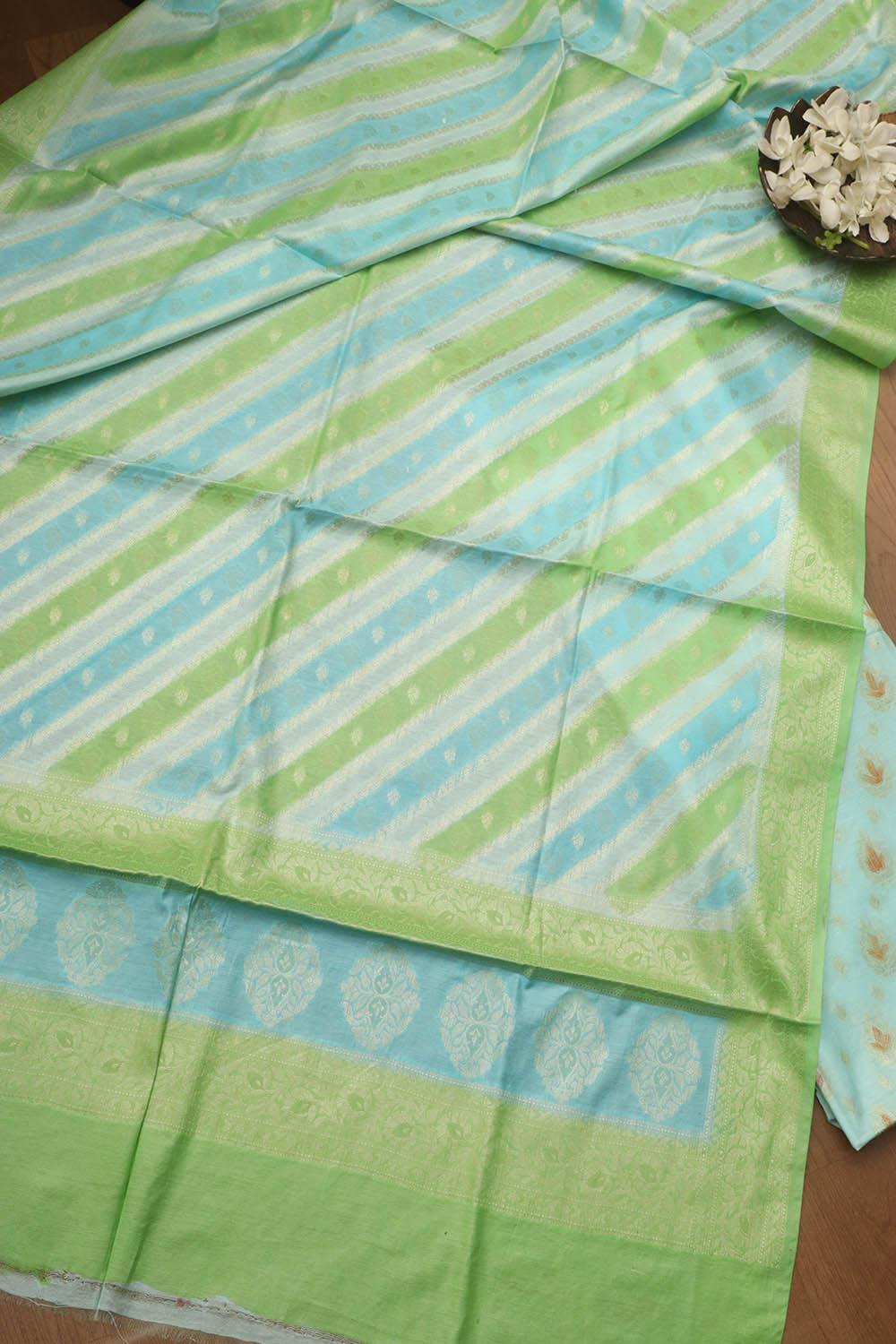 Chic Blue & Green Banarasi Chanderi Silk Brush Dye Three Piece Unstitched Suit Set - Luxurion World