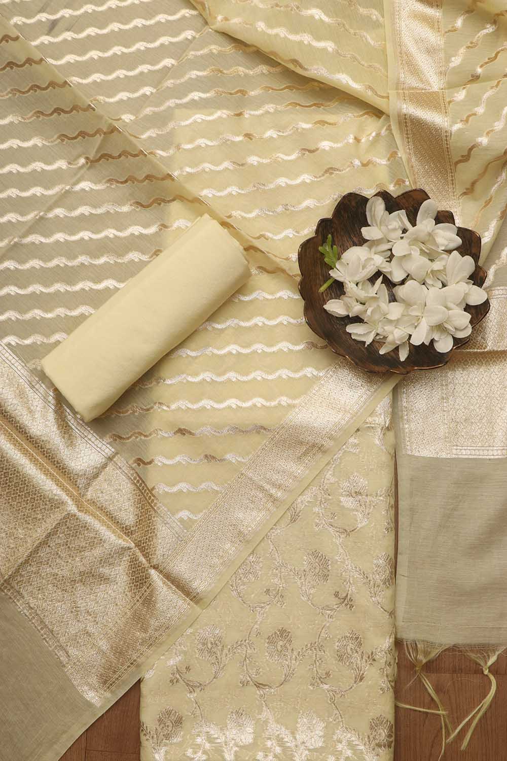 Pastel Banarasi Chanderi Silk Three Piece Unstitched Suit Set - Luxurion World