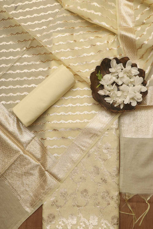 Pastel Banarasi Chanderi Silk Three Piece Unstitched Suit Set - Luxurion World