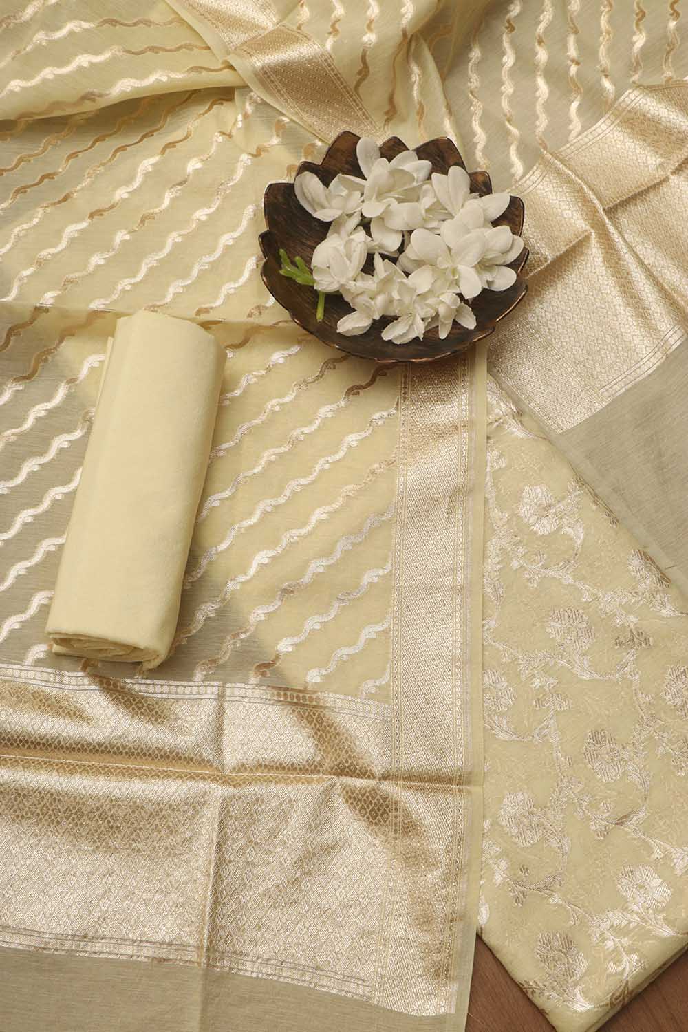 Pastel Banarasi Chanderi Silk Three Piece Unstitched Suit Set - Luxurion World