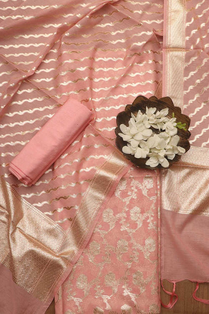Stunning Pink Banarasi Chanderi Silk Three Piece Unstitched Suit Set - Luxurion World