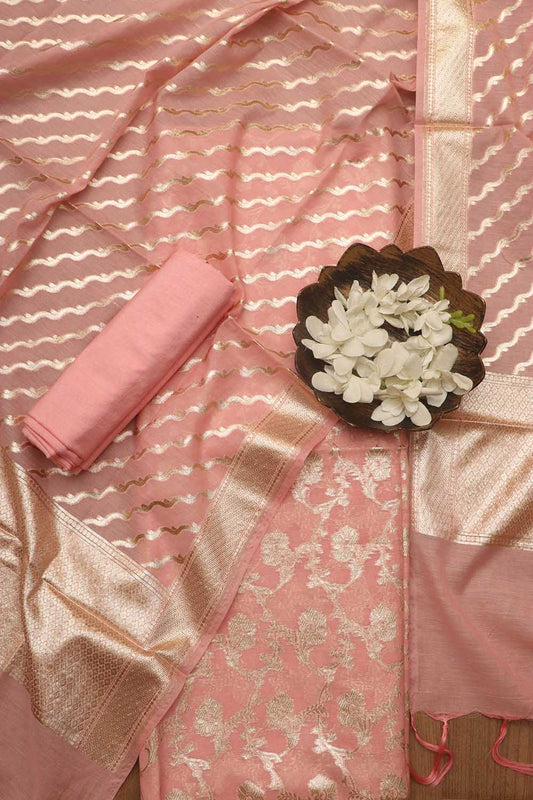 Stunning Pink Banarasi Chanderi Silk Three Piece Unstitched Suit Set - Luxurion World
