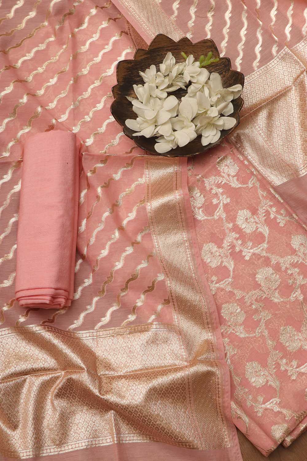 Stunning Pink Banarasi Chanderi Silk Three Piece Unstitched Suit Set - Luxurion World