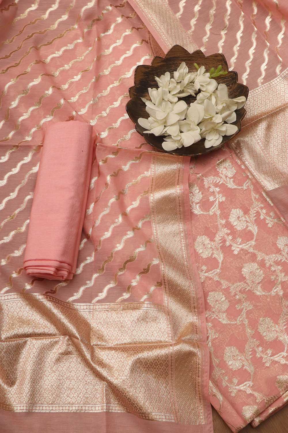 Stunning Pink Banarasi Chanderi Silk Three Piece Unstitched Suit Set - Luxurion World