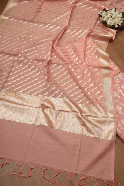 Stunning Pink Banarasi Chanderi Silk Three Piece Unstitched Suit Set - Luxurion World