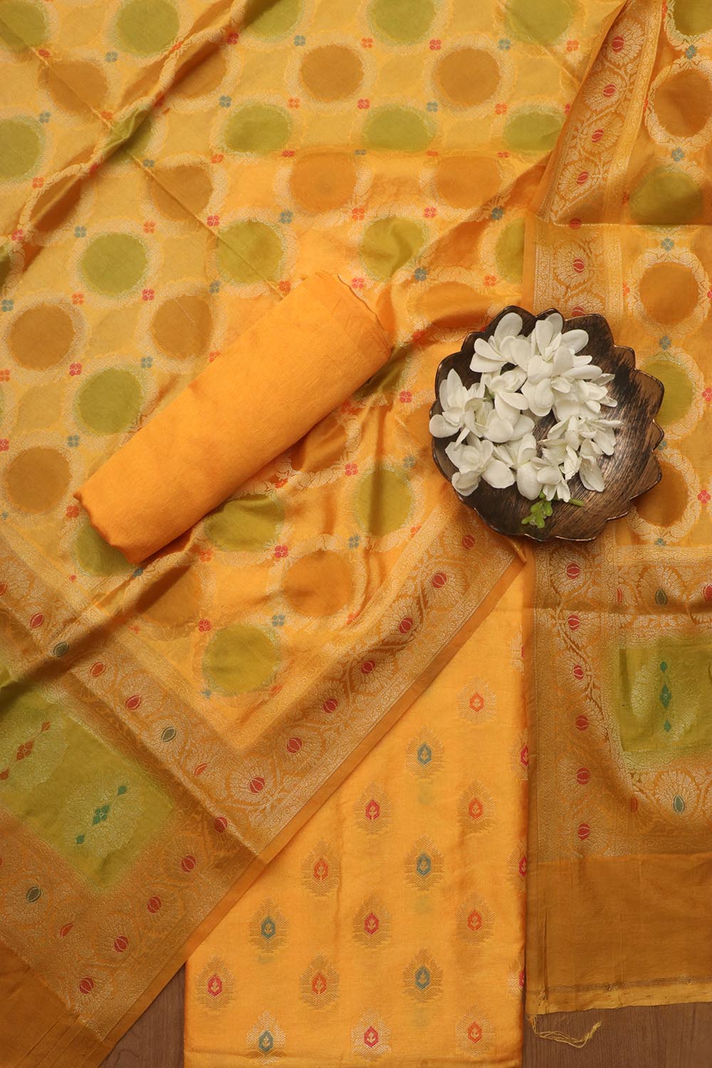 Stunning Yellow Banarasi Chanderi Silk Brush Dye Three Piece Unstitched Suit Set - Luxurion World