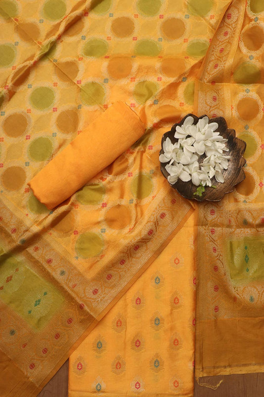 Stunning Yellow Banarasi Chanderi Silk Brush Dye Three Piece Unstitched Suit Set - Luxurion World