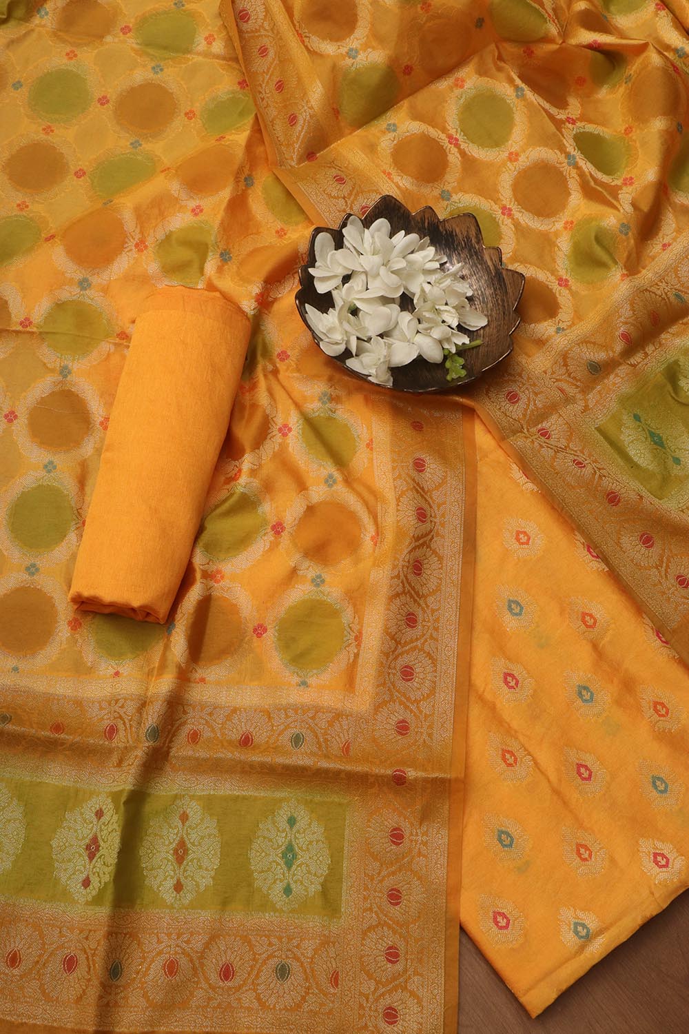 Stunning Yellow Banarasi Chanderi Silk Brush Dye Three Piece Unstitched Suit Set - Luxurion World