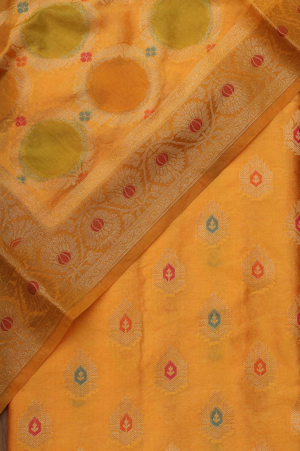 Stunning Yellow Banarasi Chanderi Silk Brush Dye Three Piece Unstitched Suit Set - Luxurion World