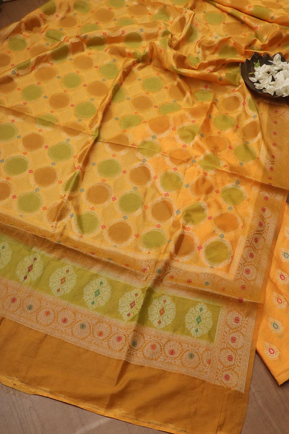 Stunning Yellow Banarasi Chanderi Silk Brush Dye Three Piece Unstitched Suit Set - Luxurion World