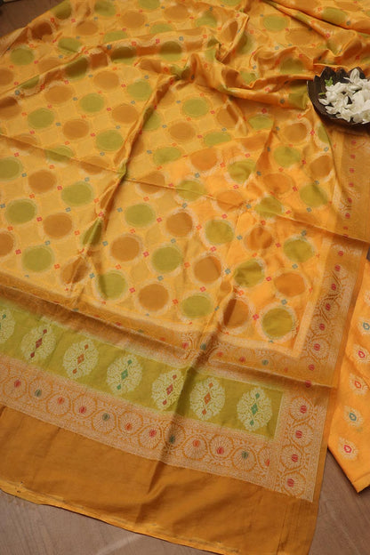 Stunning Yellow Banarasi Chanderi Silk Brush Dye Three Piece Unstitched Suit Set - Luxurion World