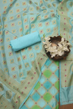 Blue Banarasi Chanderi Silk Brush Dye Three Piece Unstitched Suit Set - Luxurion World