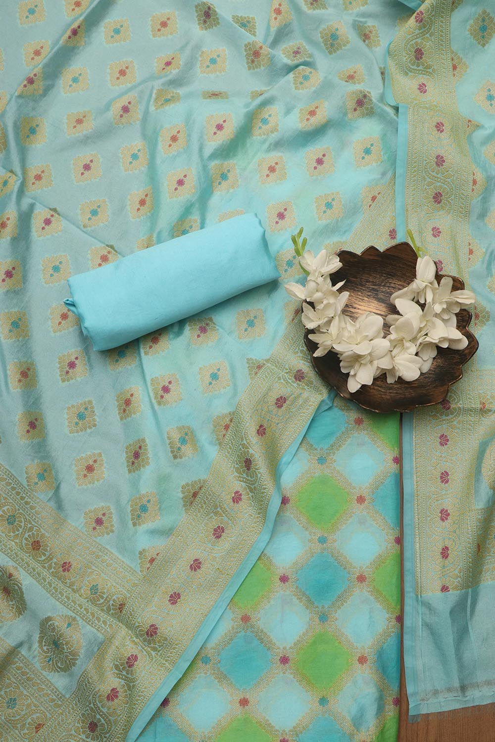 Blue Banarasi Chanderi Silk Brush Dye Three Piece Unstitched Suit Set - Luxurion World