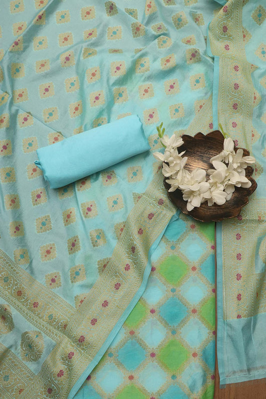 Blue Banarasi Chanderi Silk Brush Dye Three Piece Unstitched Suit Set - Luxurion World