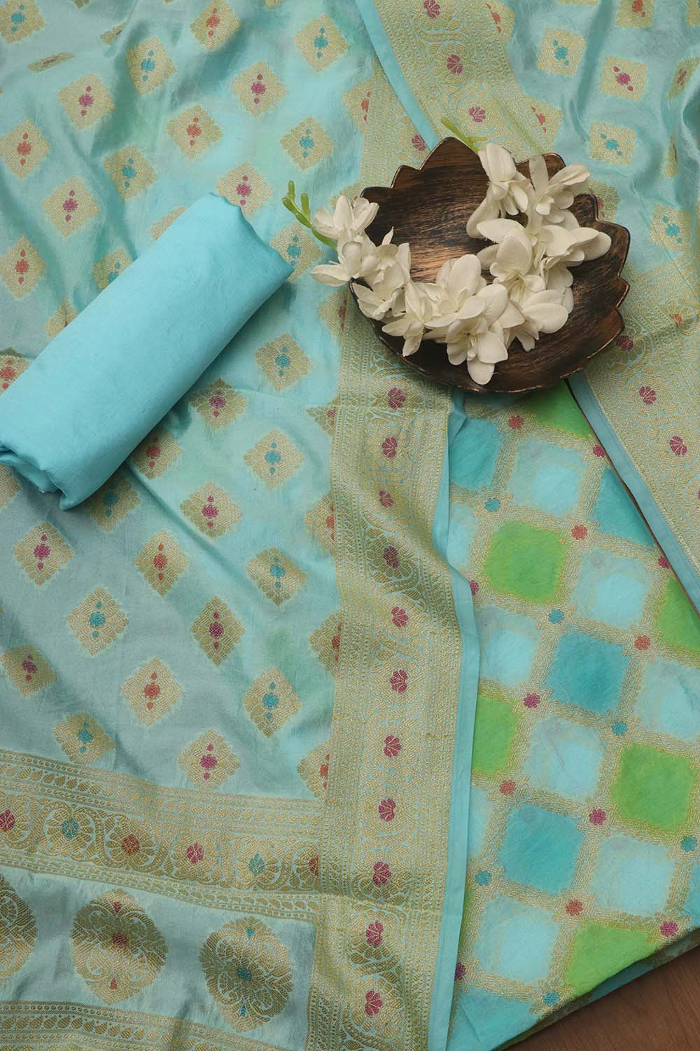 Blue Banarasi Chanderi Silk Brush Dye Three Piece Unstitched Suit Set - Luxurion World