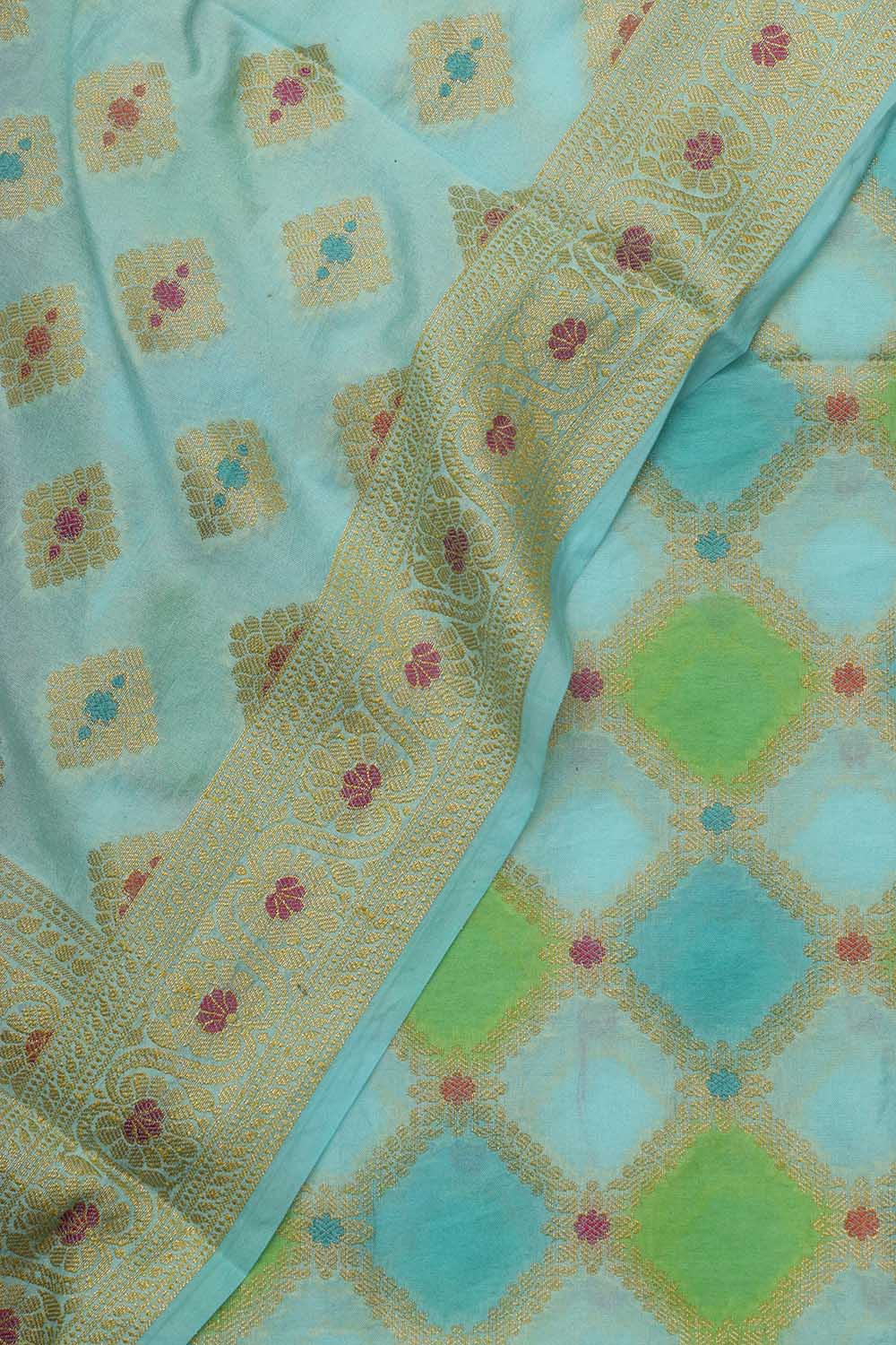 Blue Banarasi Chanderi Silk Brush Dye Three Piece Unstitched Suit Set - Luxurion World