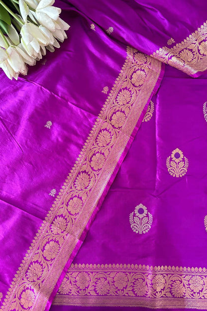 Exquisite Purple Handloom Banarasi Pure Katan Silk Three Piece Flower Design Unstitched Suit Set - Luxurion World