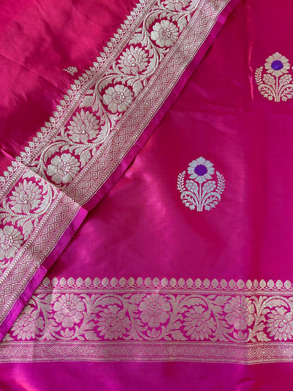 Pink Handloom Banarasi Pure Katan Silk Three Piece Flower Design Unstitched Suit Set - Luxurion World