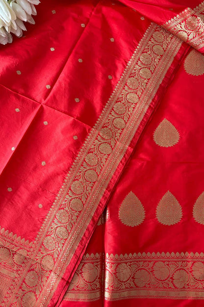 Red Handloom Banarasi Pure Katan Silk Three Piece Big Boota Design Unstitched Suit Set - Luxurion World