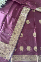 Brown Handloom Banarasi Pure Katan Silk Three Piece Flower Design Unstitched Suit Set - Luxurion World