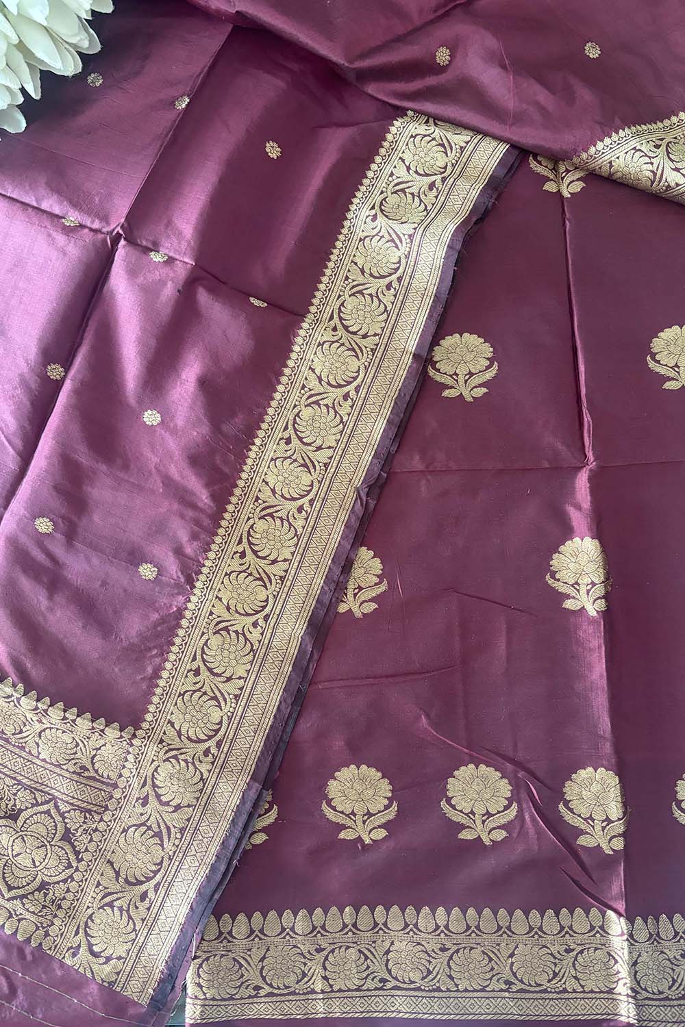Brown Handloom Banarasi Pure Katan Silk Three Piece Flower Design Unstitched Suit Set - Luxurion World