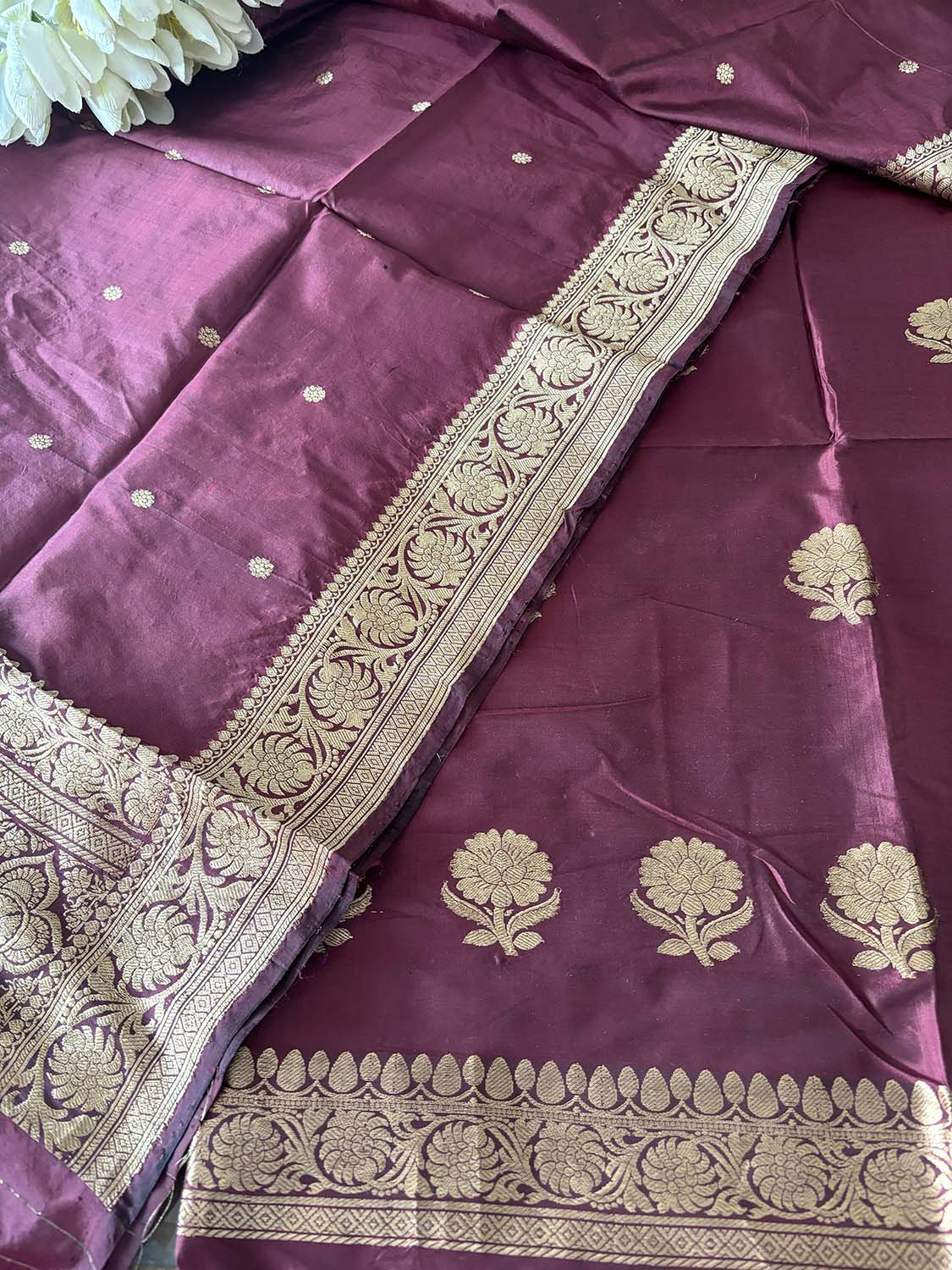 Brown Handloom Banarasi Pure Katan Silk Three Piece Flower Design Unstitched Suit Set - Luxurion World