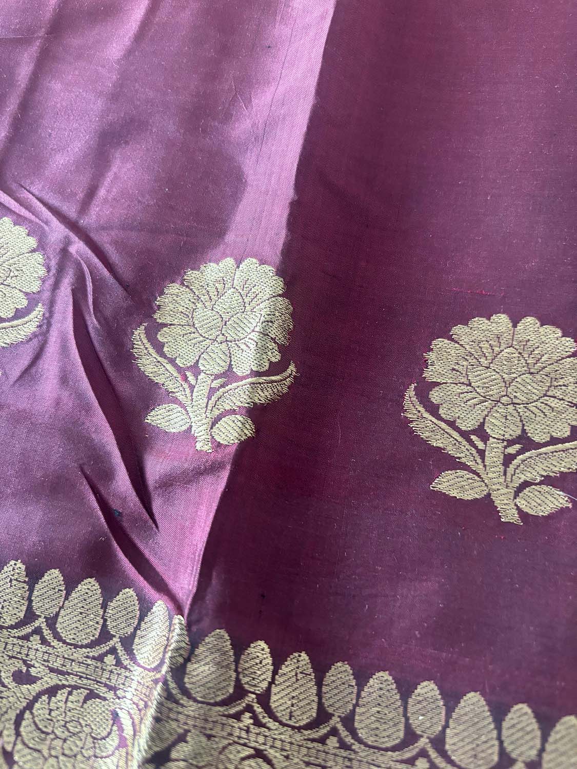 Brown Handloom Banarasi Pure Katan Silk Three Piece Flower Design Unstitched Suit Set - Luxurion World