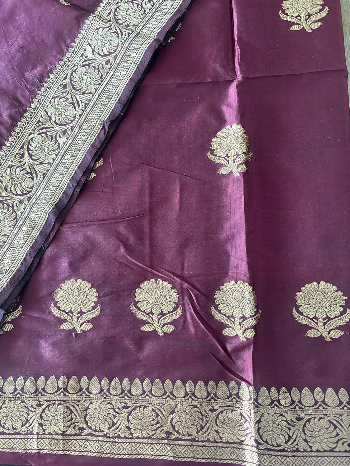 Brown Handloom Banarasi Pure Katan Silk Three Piece Flower Design Unstitched Suit Set - Luxurion World