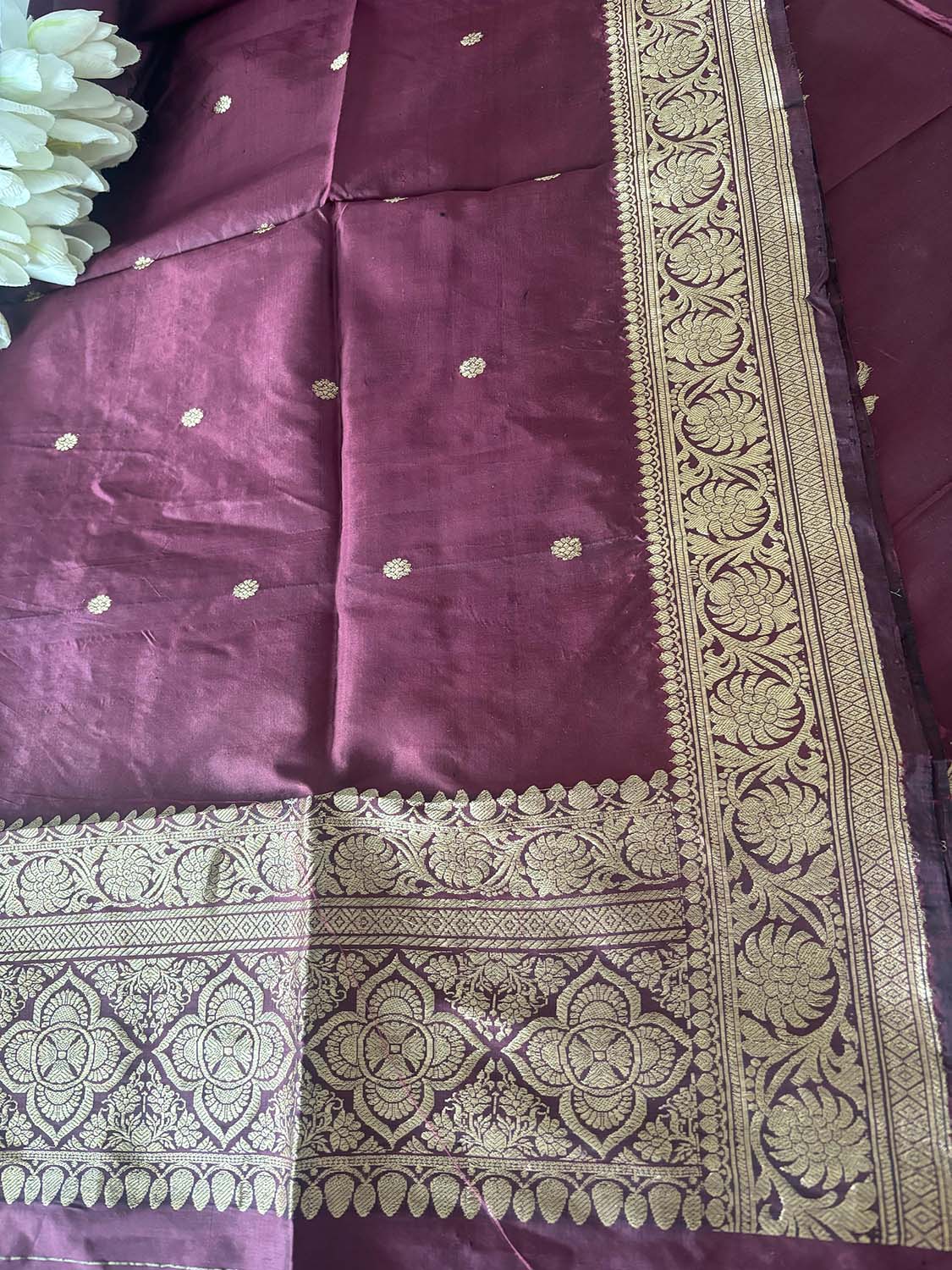 Brown Handloom Banarasi Pure Katan Silk Three Piece Flower Design Unstitched Suit Set - Luxurion World