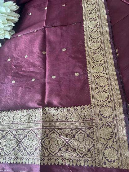 Brown Handloom Banarasi Pure Katan Silk Three Piece Flower Design Unstitched Suit Set - Luxurion World