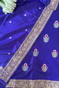 Blue Handloom Banarasi Pure Katan Silk Three Piece Pink Meena Flower Design Unstitched Suit Set - Luxurion World