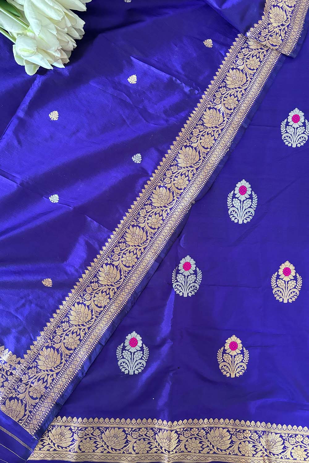 Blue Handloom Banarasi Pure Katan Silk Three Piece Pink Meena Flower Design Unstitched Suit Set - Luxurion World