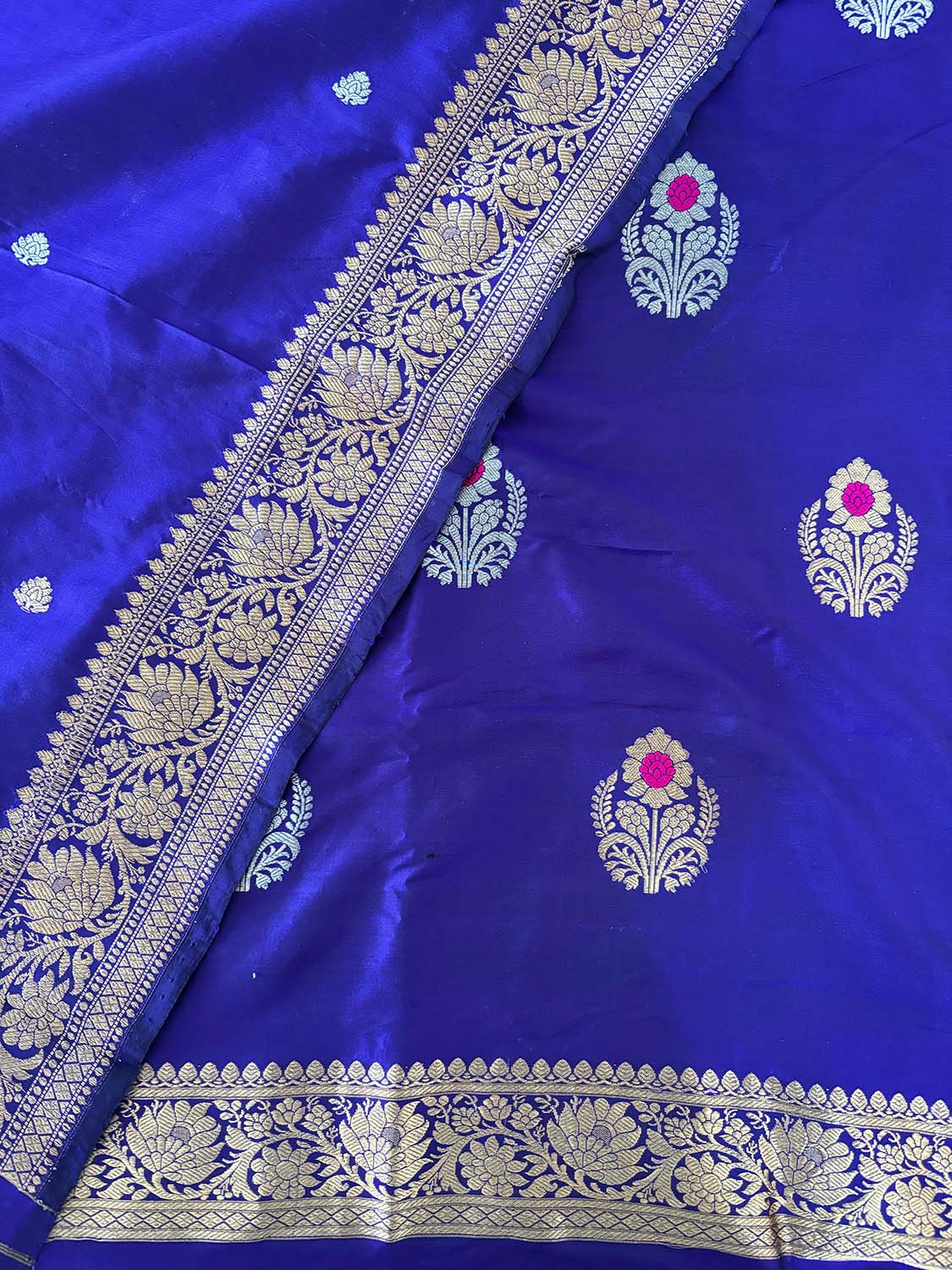 Blue Handloom Banarasi Pure Katan Silk Three Piece Pink Meena Flower Design Unstitched Suit Set - Luxurion World