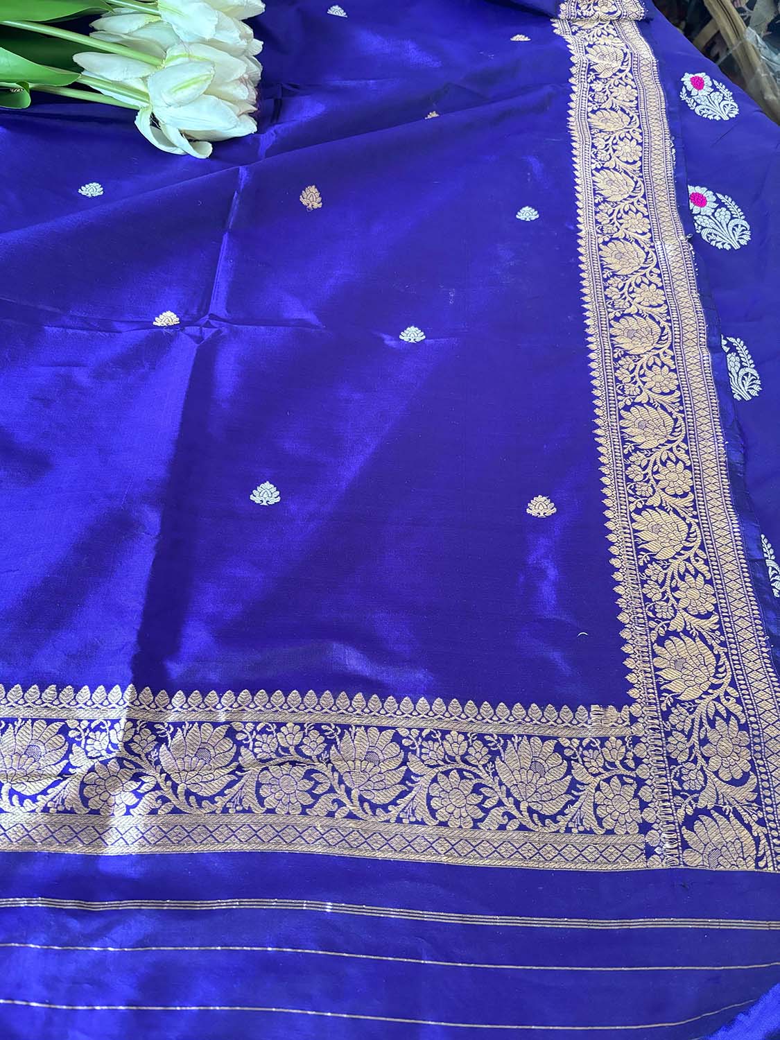 Blue Handloom Banarasi Pure Katan Silk Three Piece Pink Meena Flower Design Unstitched Suit Set - Luxurion World