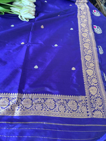 Blue Handloom Banarasi Pure Katan Silk Three Piece Pink Meena Flower Design Unstitched Suit Set - Luxurion World