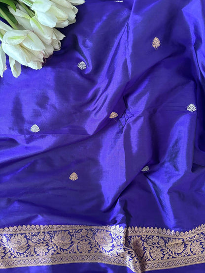 Blue Handloom Banarasi Pure Katan Silk Three Piece Pink Meena Flower Design Unstitched Suit Set - Luxurion World