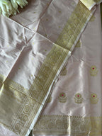 Pastel Pink Handloom Banarasi Pure Katan Silk Three Piece Pink Meena Flower Design Unstitched Suit Set - Luxurion World