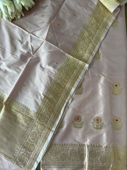 Pastel Pink Handloom Banarasi Pure Katan Silk Three Piece Pink Meena Flower Design Unstitched Suit Set - Luxurion World