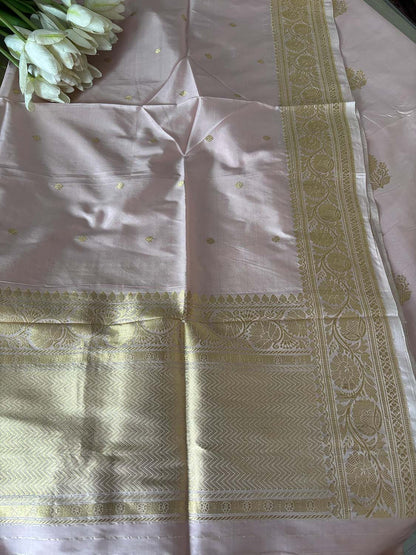 Pastel Pink Handloom Banarasi Pure Katan Silk Three Piece Pink Meena Flower Design Unstitched Suit Set - Luxurion World