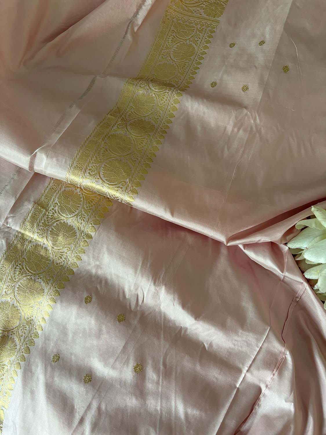 Pastel Pink Handloom Banarasi Pure Katan Silk Three Piece Pink Meena Flower Design Unstitched Suit Set - Luxurion World