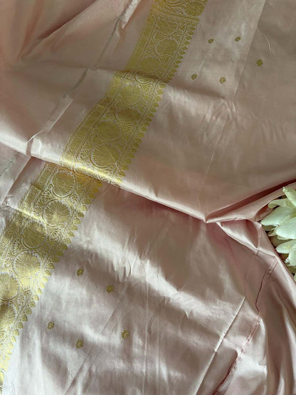 Pastel Pink Handloom Banarasi Pure Katan Silk Three Piece Pink Meena Flower Design Unstitched Suit Set - Luxurion World