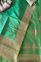 Green Handloom Banarasi Pure Katan Silk Three Piece Pink Meena Flower Design Unstitched Suit Set - Luxurion World
