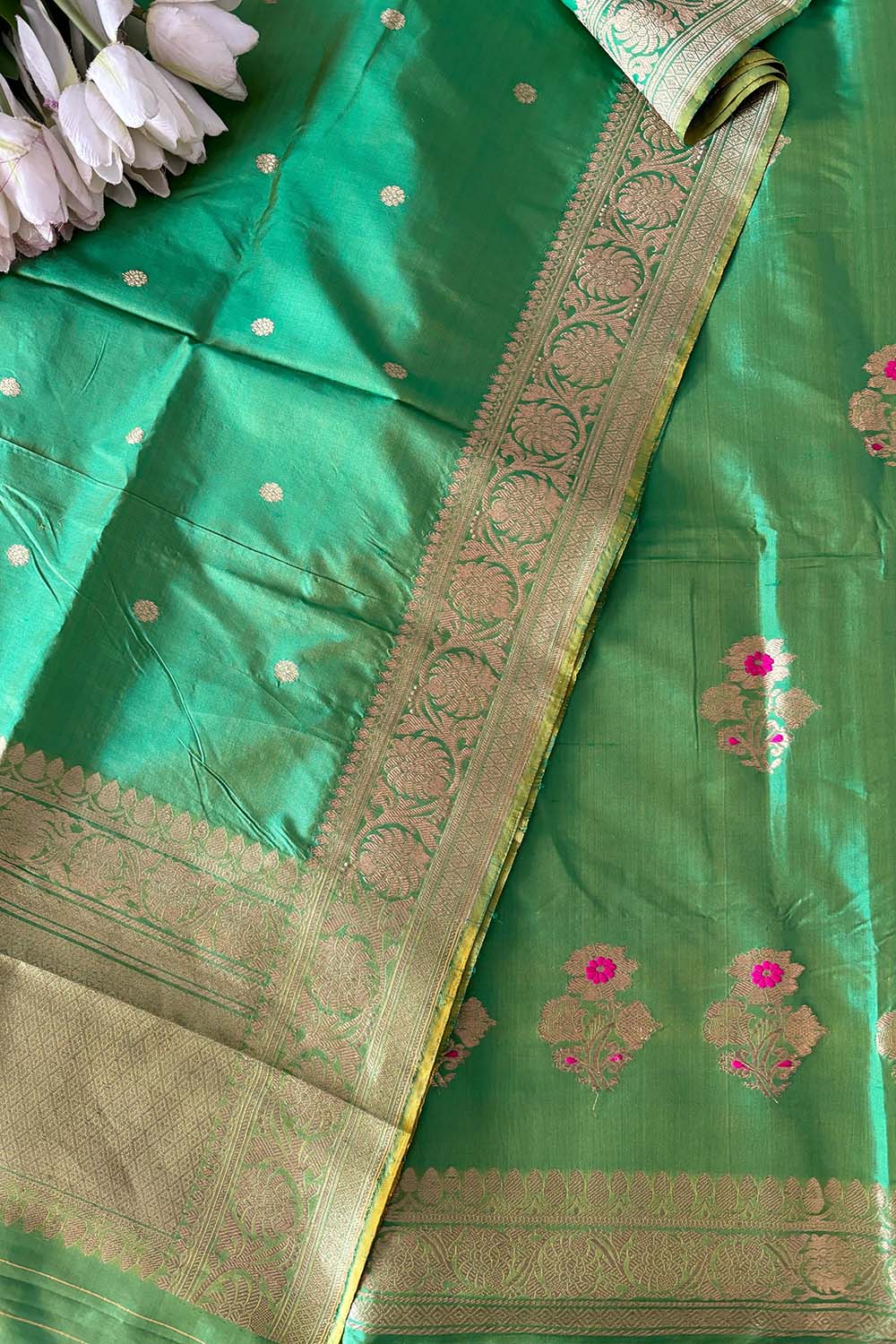 Green Handloom Banarasi Pure Katan Silk Three Piece Pink Meena Flower Design Unstitched Suit Set - Luxurion World