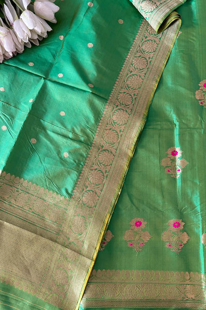 Green Handloom Banarasi Pure Katan Silk Three Piece Pink Meena Flower Design Unstitched Suit Set - Luxurion World
