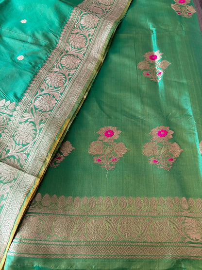 Green Handloom Banarasi Pure Katan Silk Three Piece Pink Meena Flower Design Unstitched Suit Set - Luxurion World