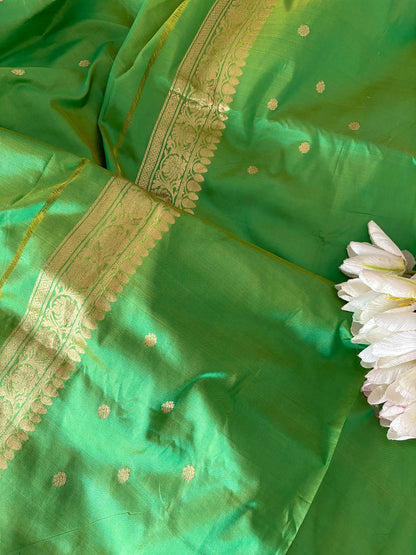 Green Handloom Banarasi Pure Katan Silk Three Piece Pink Meena Flower Design Unstitched Suit Set - Luxurion World